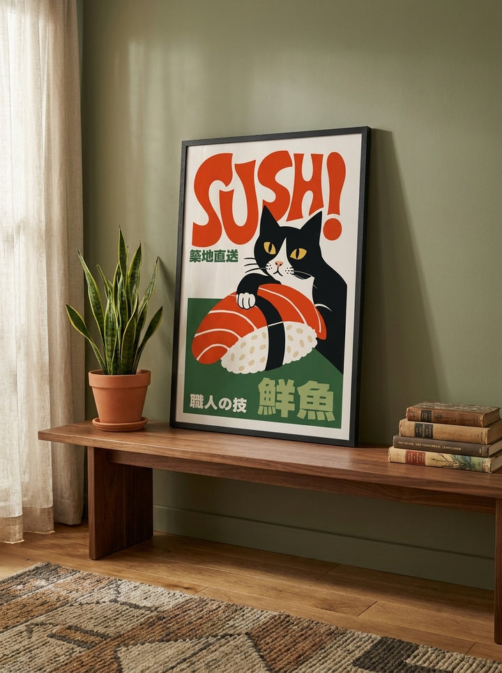 Modern wall art print standing on a kitchen bench in a mid-century kitchen