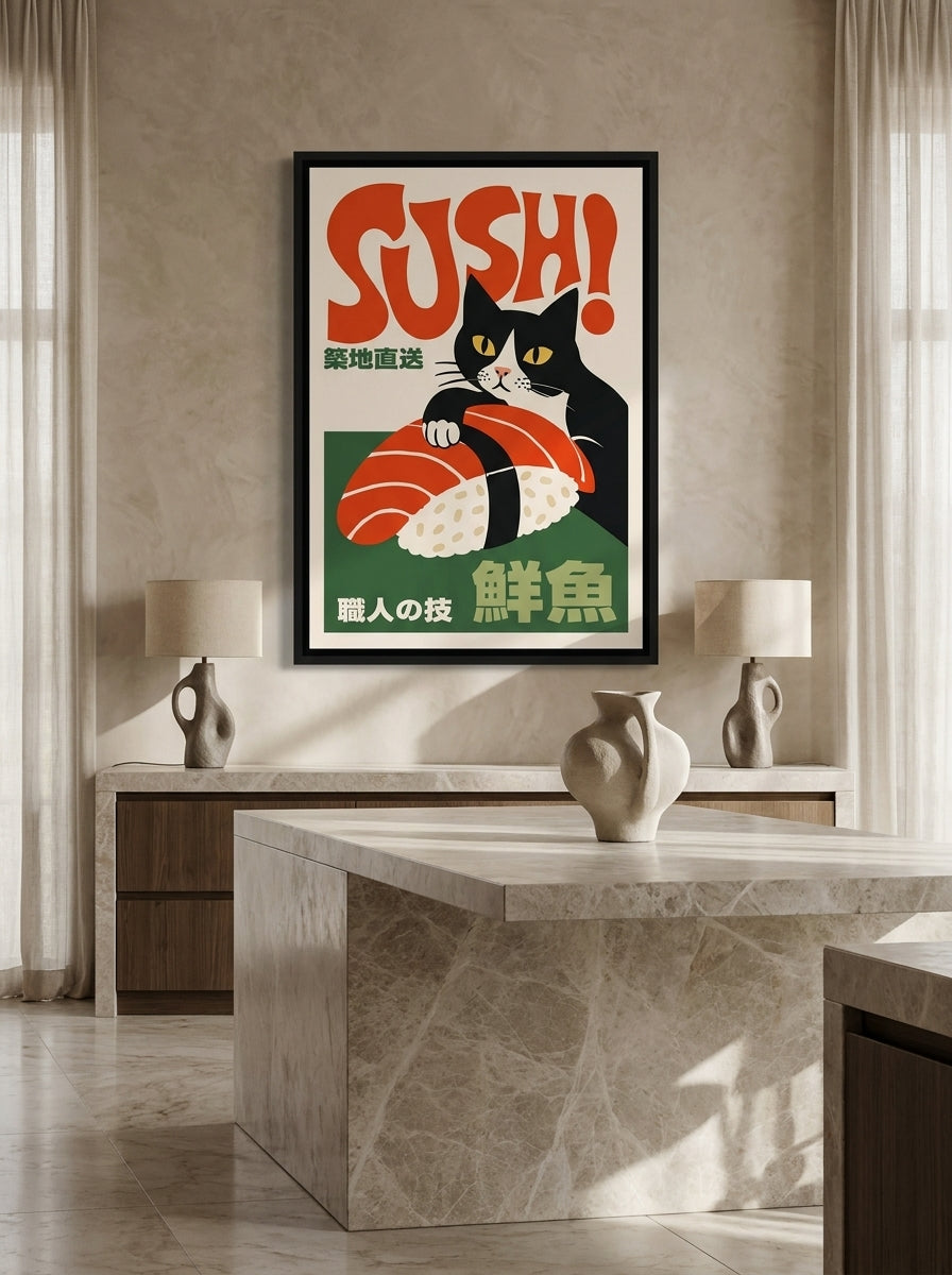 Canvas wall art with a black surround styled on the wall in a luxe kitchen