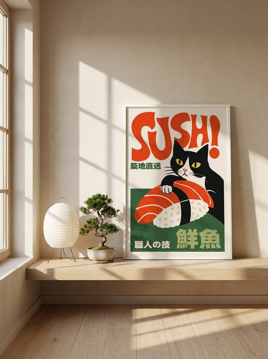 Modern wall art print standing on a shelf in a warm Japandi dining room