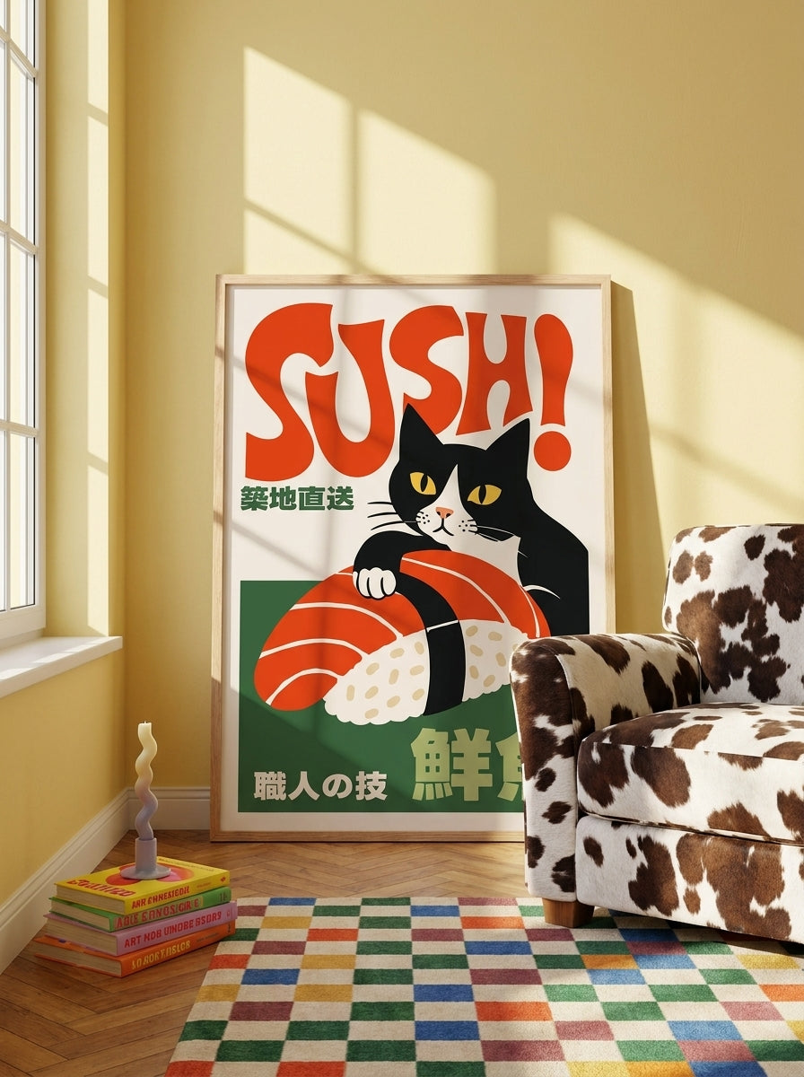 Oversized statement modern wall art print leaning against the wall in a colourful eclectic dining room