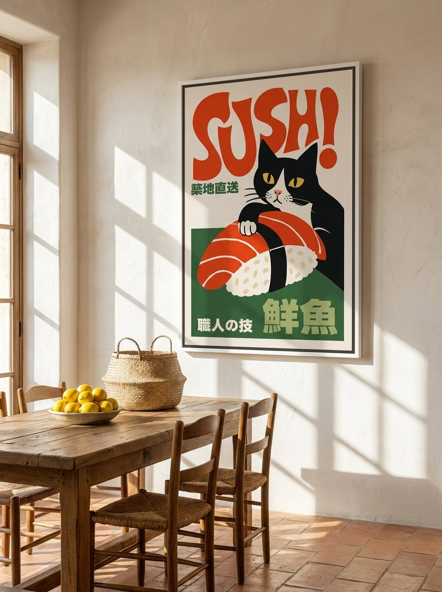 Oversized statement canvas wall art with a white surround styled on the wall in a Mediterranean dining room