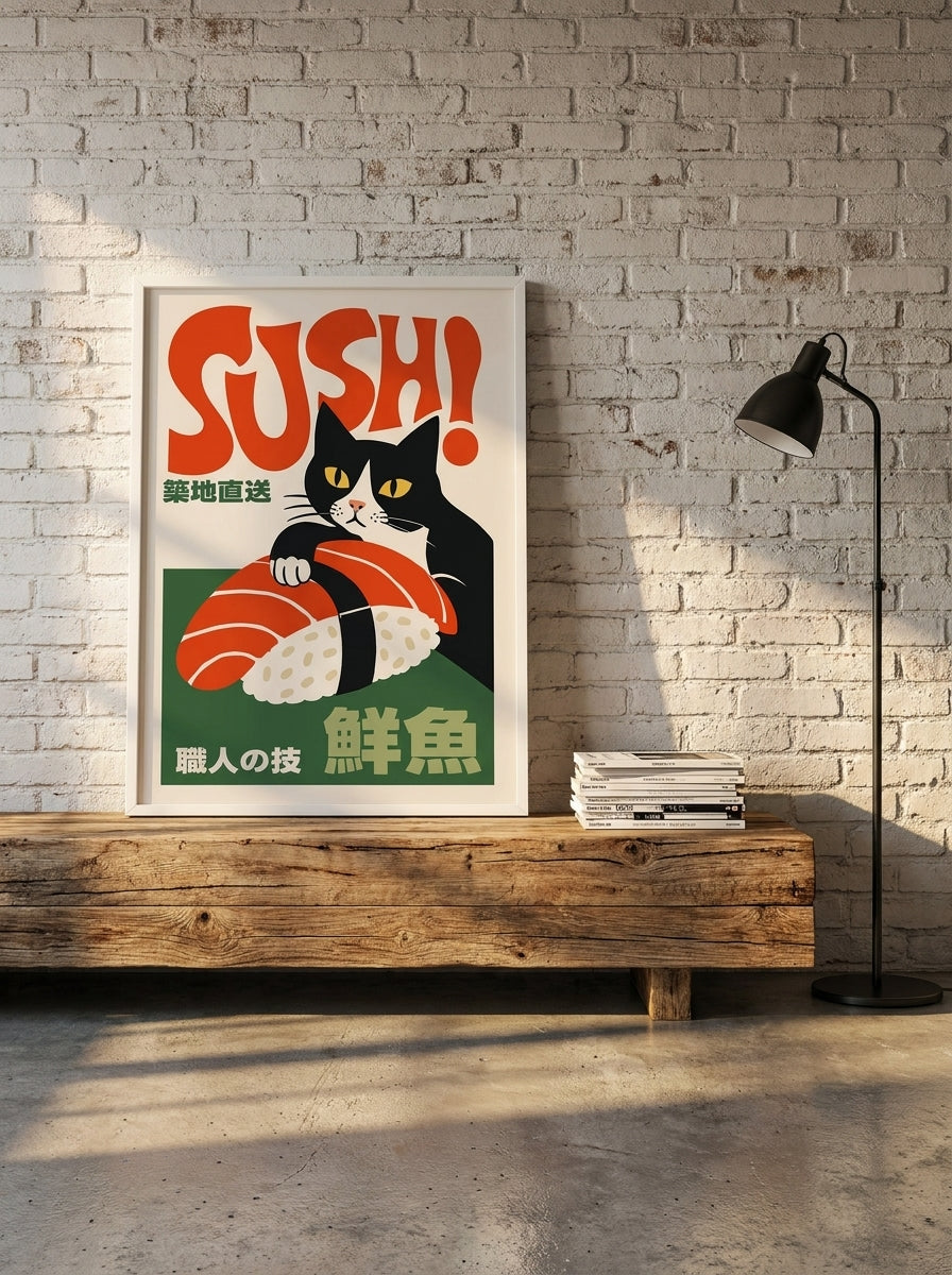 Modern wall art print standing on a bench in an industrial loft living room