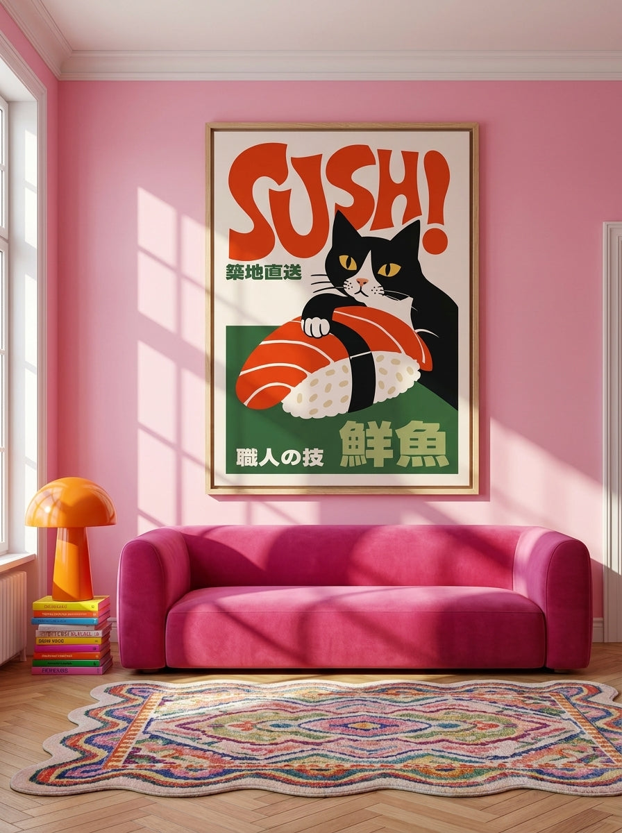 Oversized statement canvas wall art with a natural timber surround styled on the wall in a colourful eclectic living room