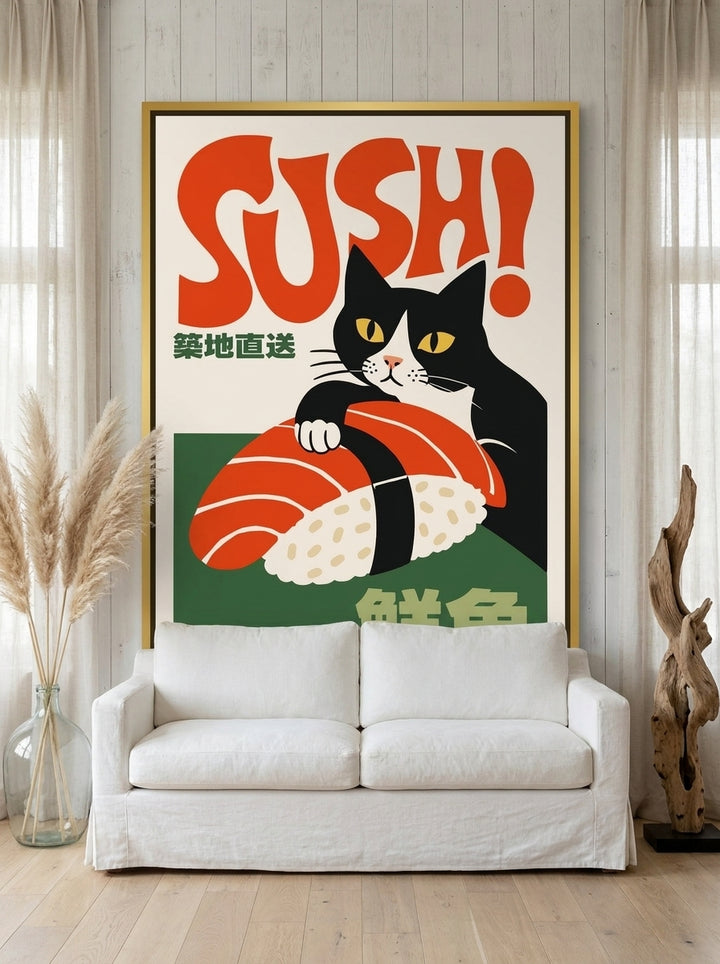 Canvas wall art with a gold leaf surround styled on the wall in a coastal living room