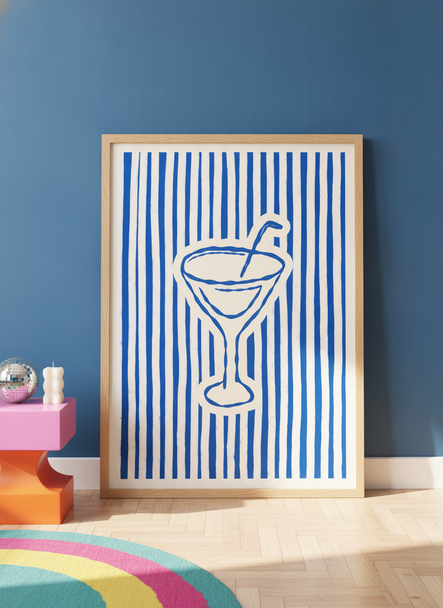 Oversized statement modern wall art print leaning against the wall in a colourful eclectic bedroom