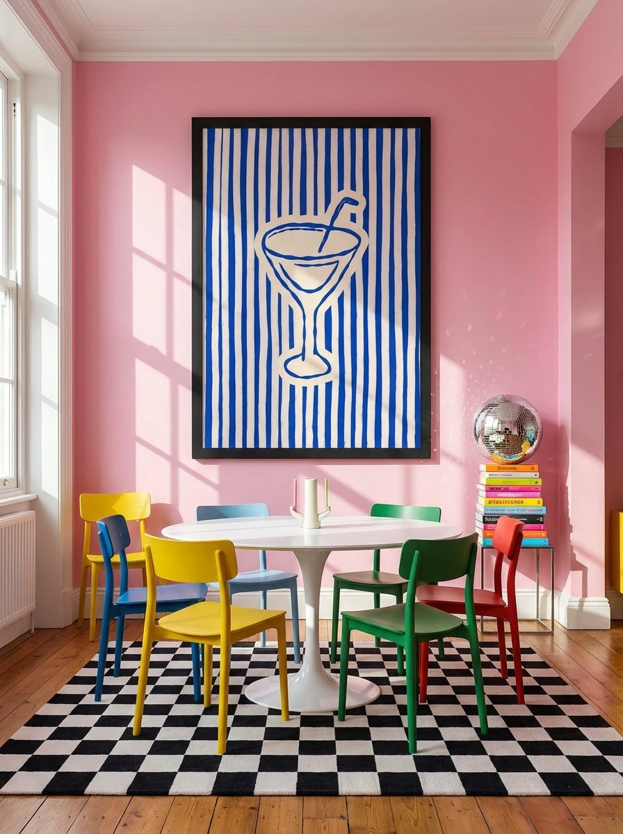 Oversized statement modern wall art print styled on the wall in a colourful eclectic dining room