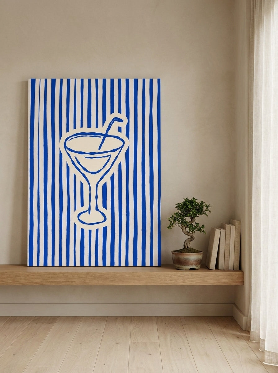 Stretched canvas wall art standing on a shelf in a warm Japandi living room