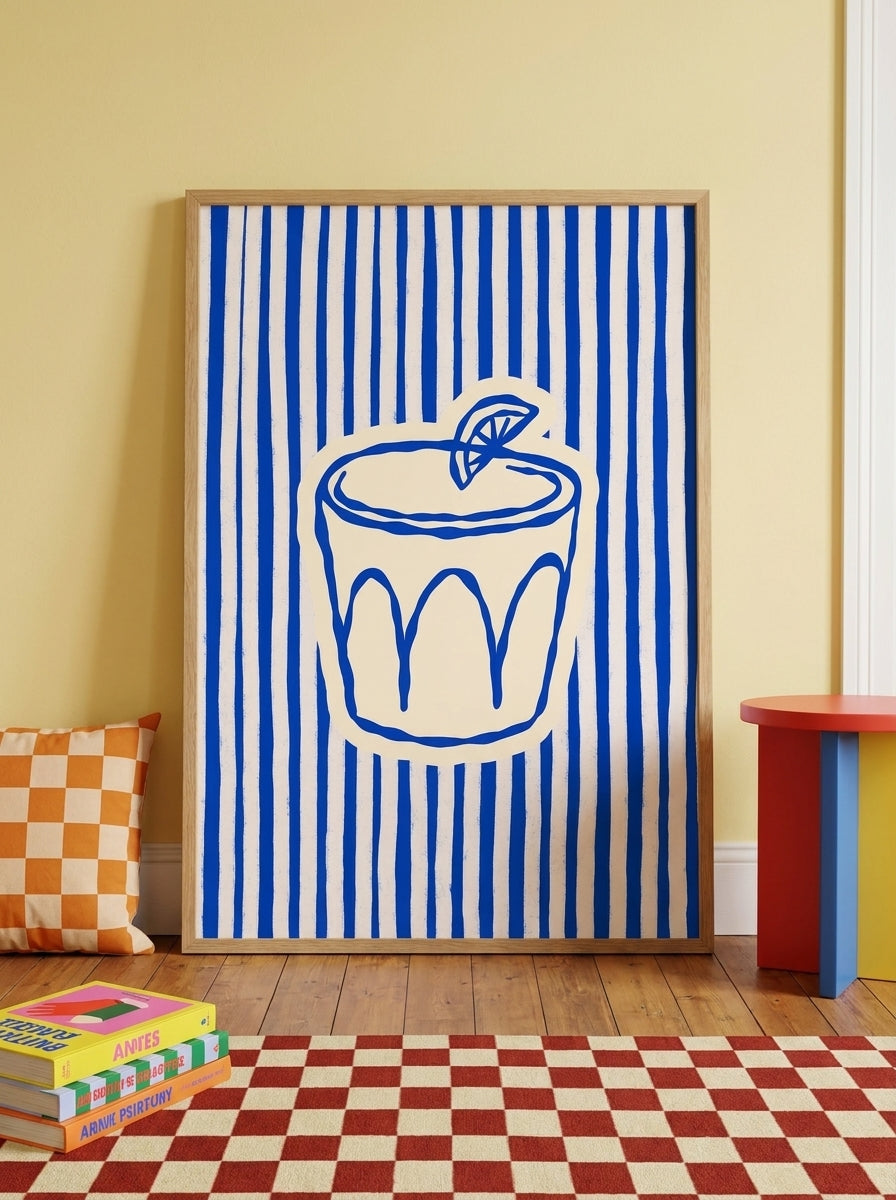 Oversized statement modern wall art print leaning against the wall in a colourful eclectic bedroom