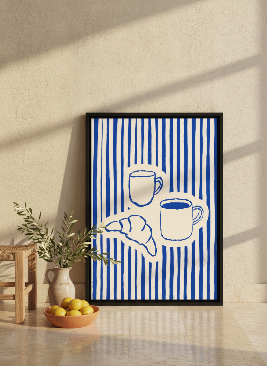 Canvas wall art with a black surround leaning against the wall in a Mediterranean kitchen