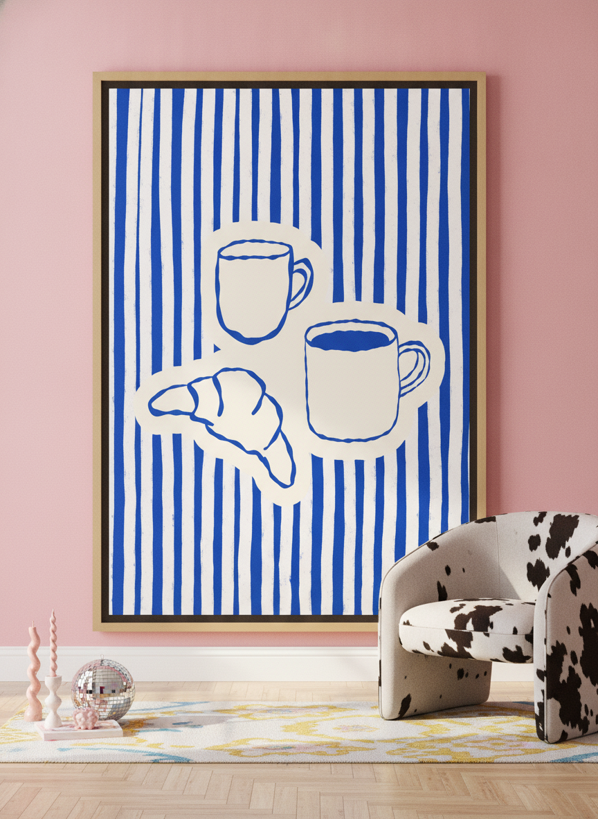 Oversized statement canvas wall art with a natural timber surround leaning against the wall in a colourful eclectic dining room