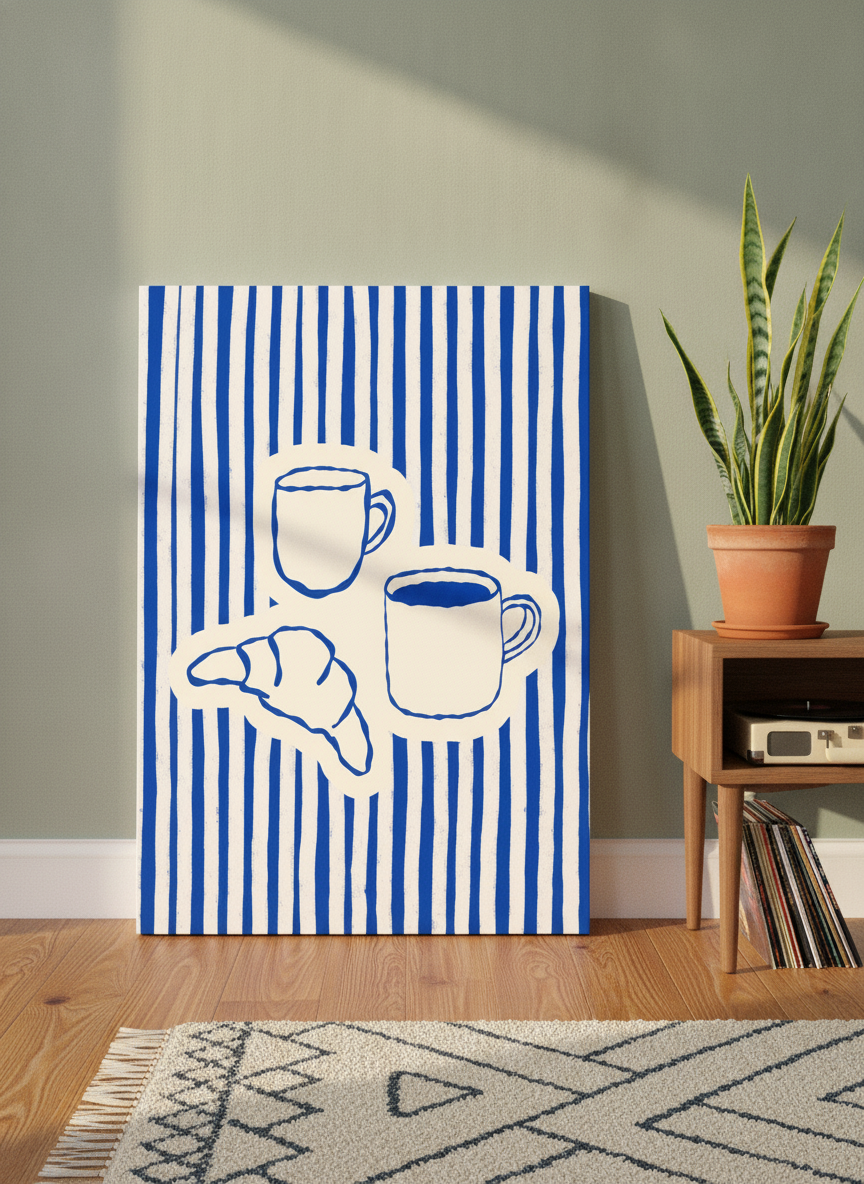 Stretched canvas wall art leaning against the wall in a mid-century living room