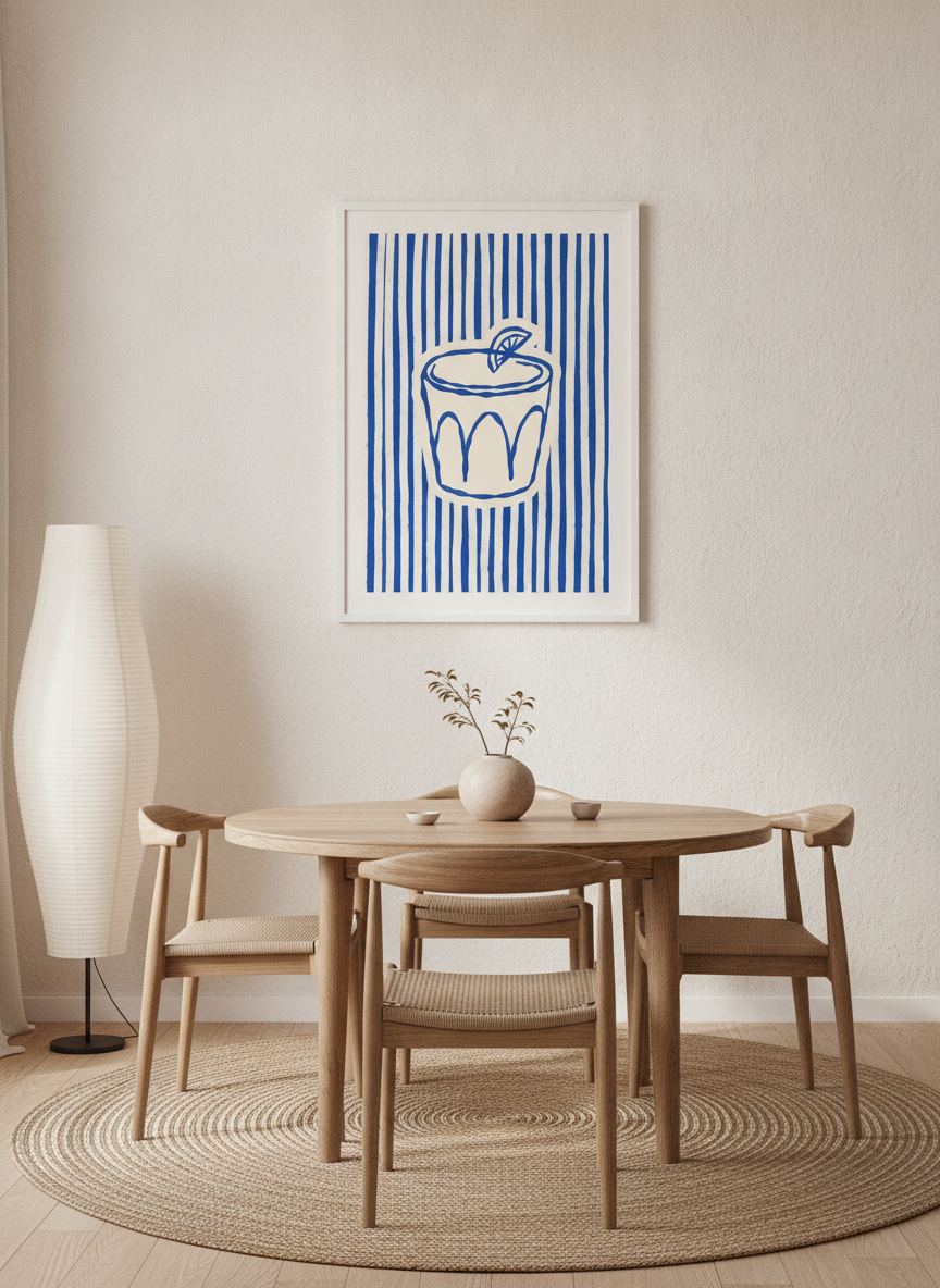 Modern wall art print styled on the wall in a warm Japandi dining room