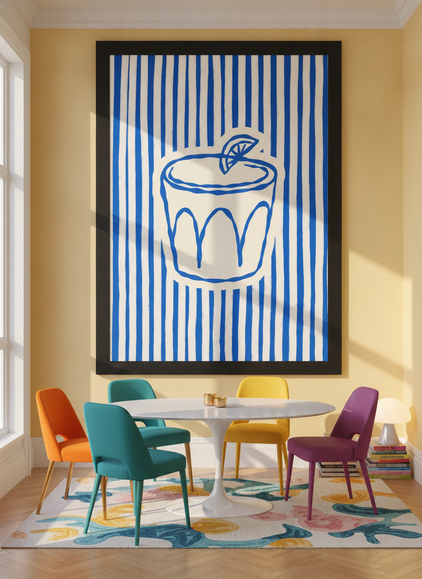 Oversized statement modern wall art print styled on the wall in a colourful eclectic dining room