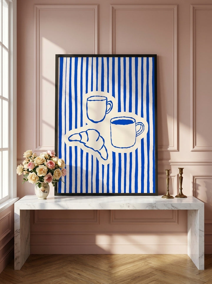 Modern wall art print standing on a kitchen bench in a Parisian kitchen