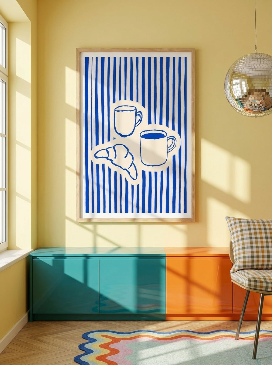 Modern wall art print styled on the wall in a colourful eclectic kitchen