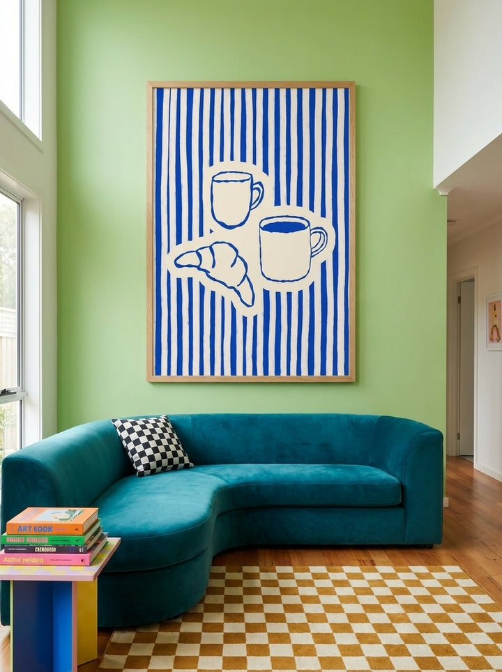 Oversized statement modern wall art print styled on the wall in a colourful eclectic living room