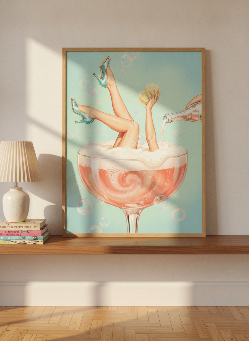 Modern wall art print standing on a kitchen bench in a mid-century kitchen