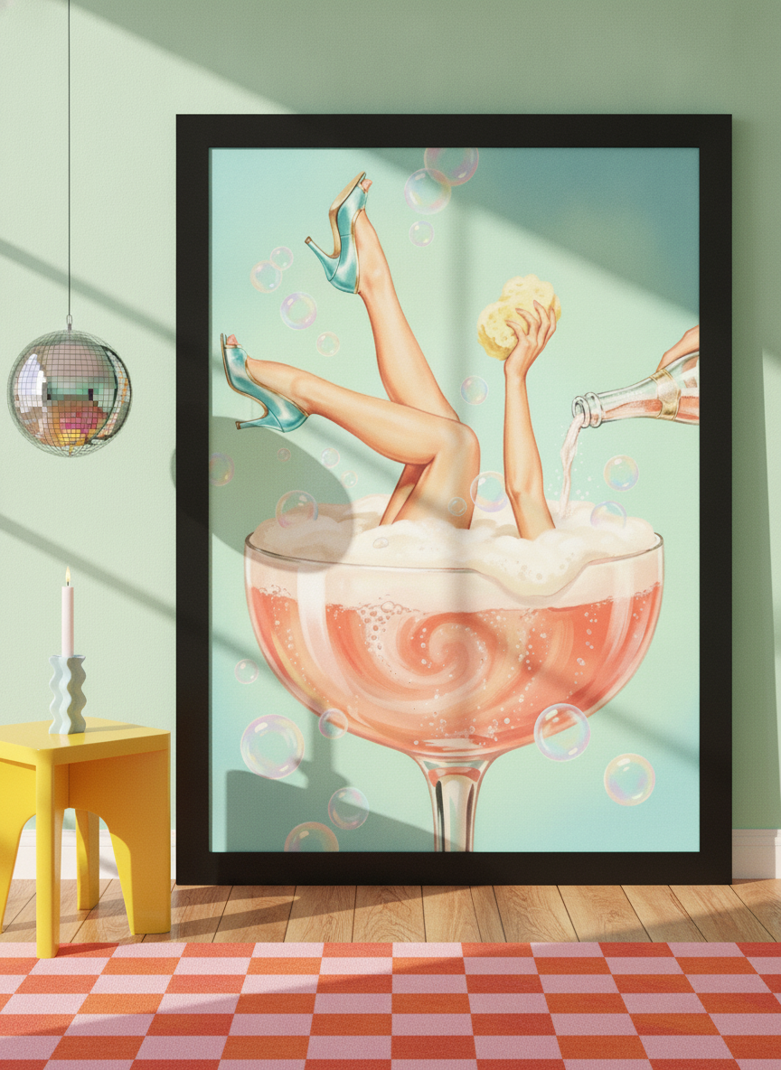 Oversized statement modern wall art print leaning against the wall in a colourful eclectic dining room