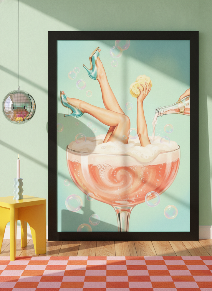 Oversized statement modern wall art print leaning against the wall in a colourful eclectic dining room