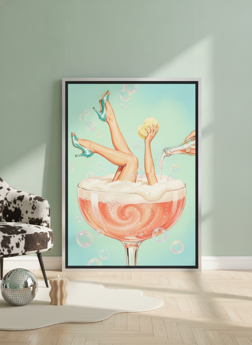 Canvas wall art with a silver leaf surround leaning against the wall in a colourful eclectic living room