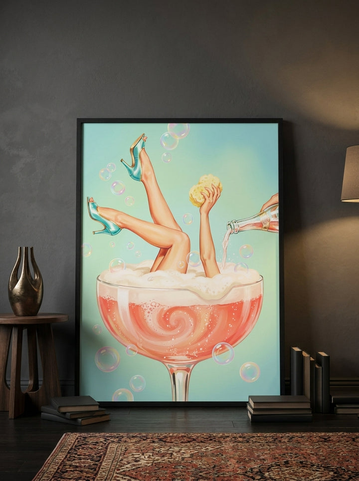 Oversized statement modern wall art print leaning against the wall in a moody dining room