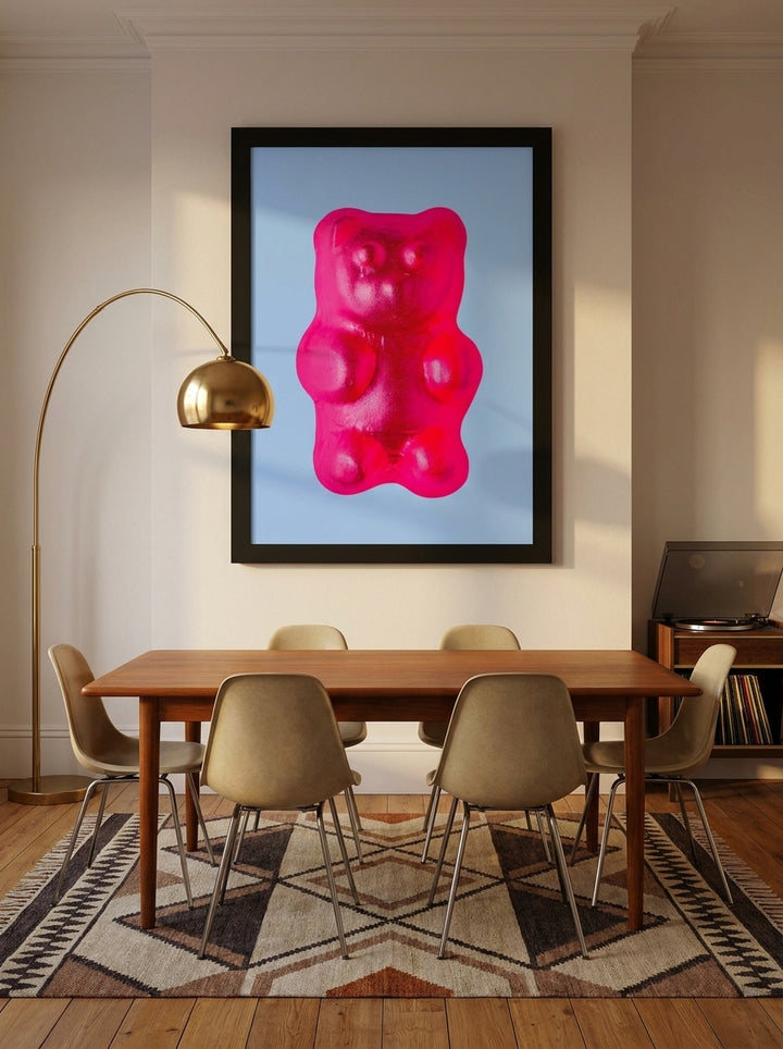 Oversized statement modern wall art print styled on the wall in a mid-century dining room