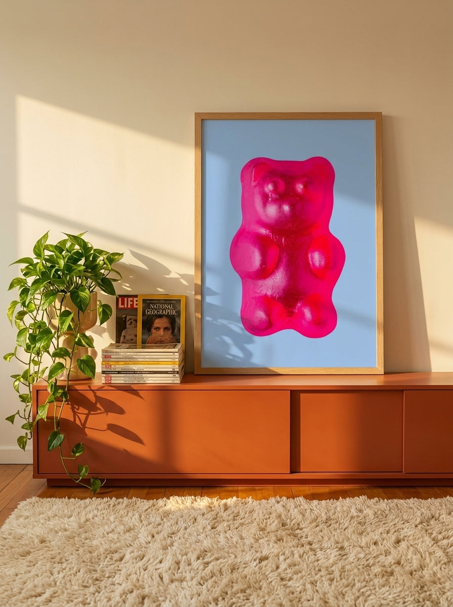 Modern wall art print standing on a sideboard in a retro 70s living room