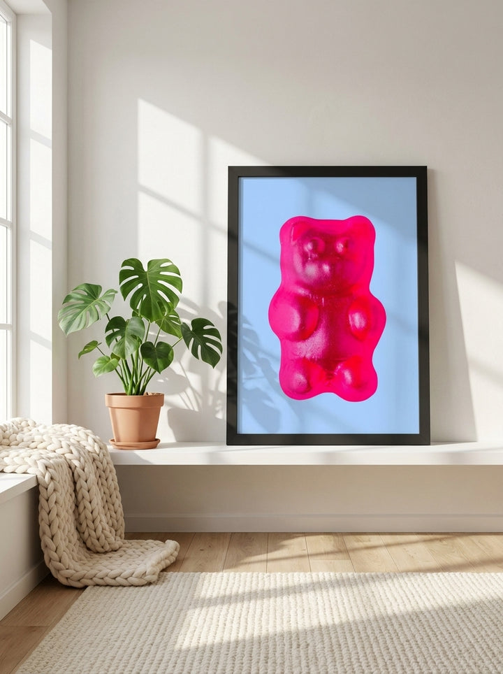 Modern wall art print standing on a shelf in a bright Scandinavian nursery
