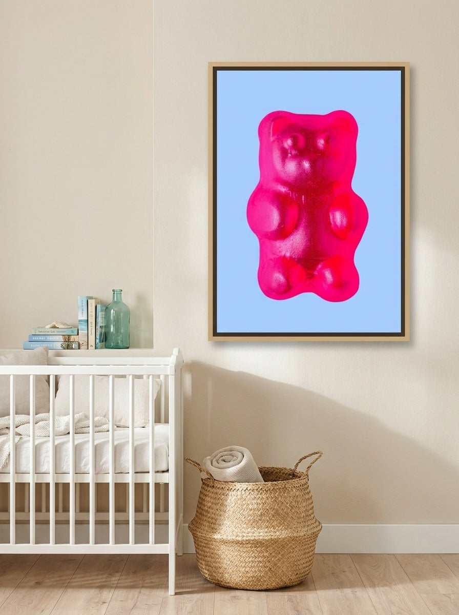 Canvas wall art with a natural timber surround styled on the wall in a coastal nursery