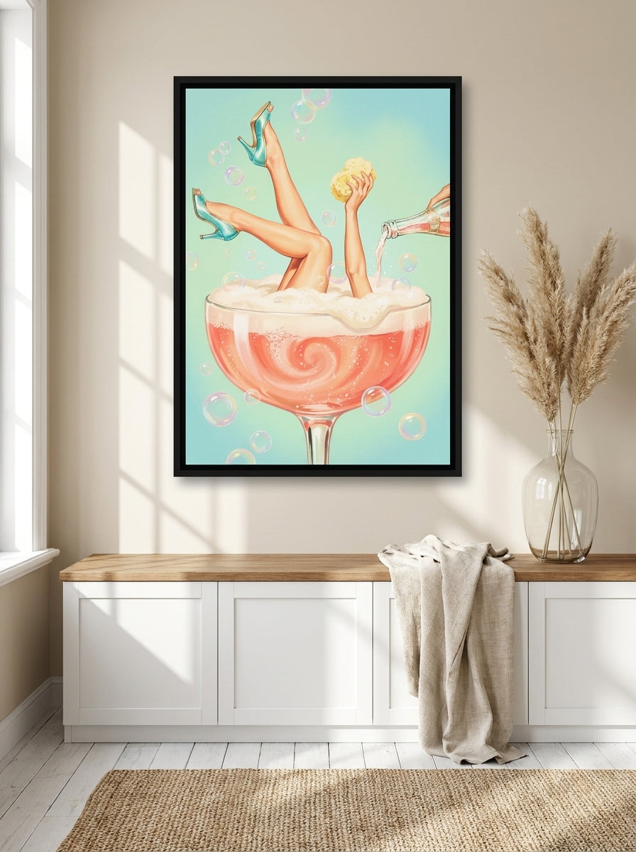 Canvas wall art with a black surround styled on the wall in a coastal kitchen