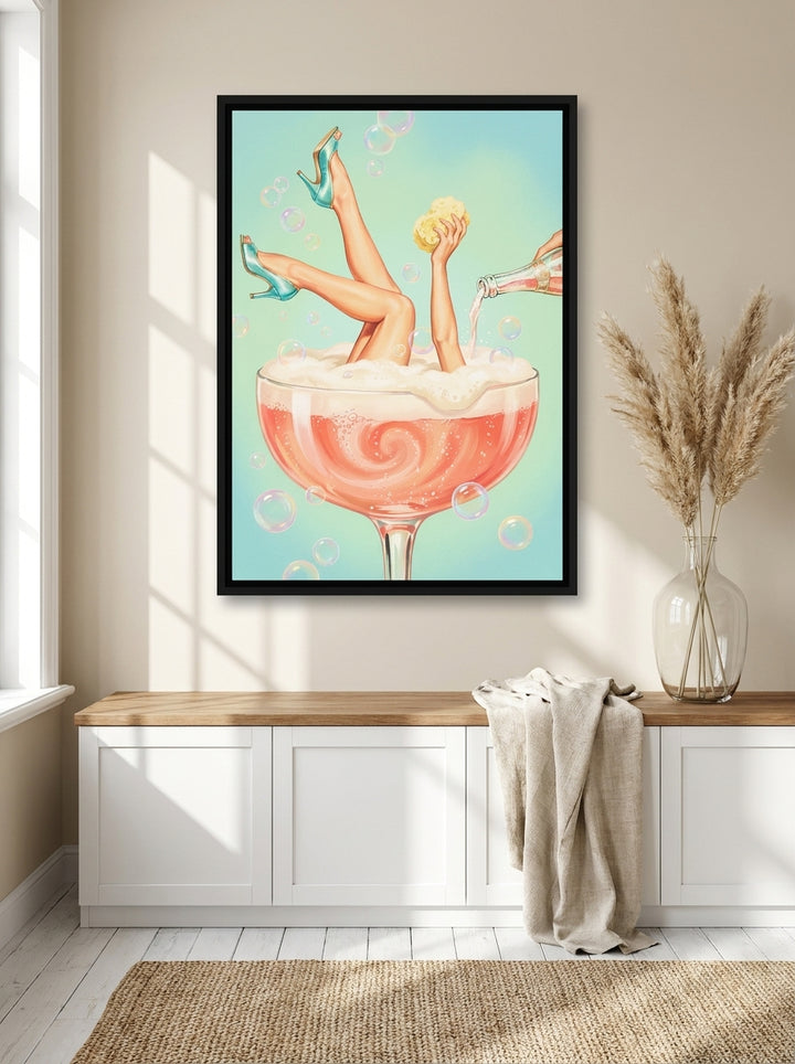 Canvas wall art with a black surround styled on the wall in a coastal kitchen