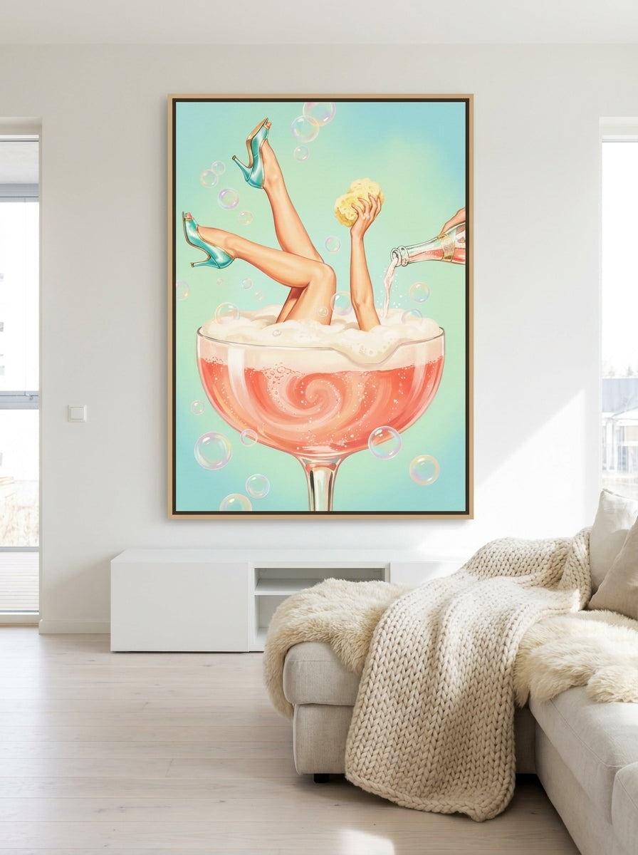 Oversized statement canvas wall art with a natural timber surround styled on the wall in a bright Scandinavian living room