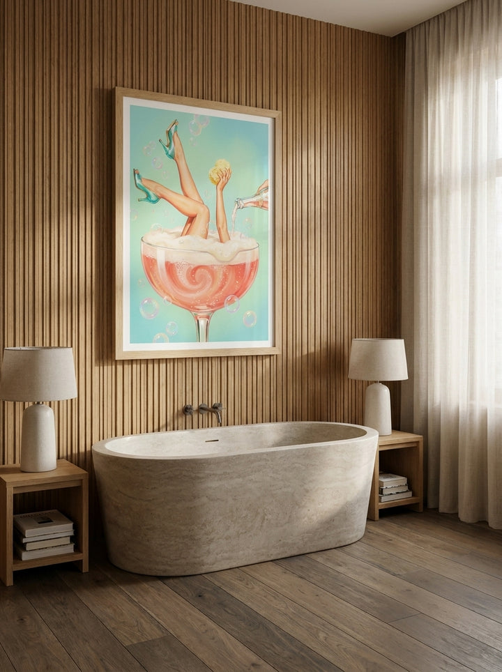 Modern wall art print styled on the wall in a luxe bathroom