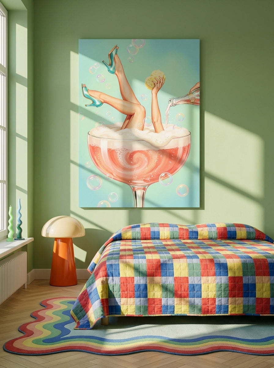 Stretched canvas wall art styled on the wall in a colourful eclectic bedroom