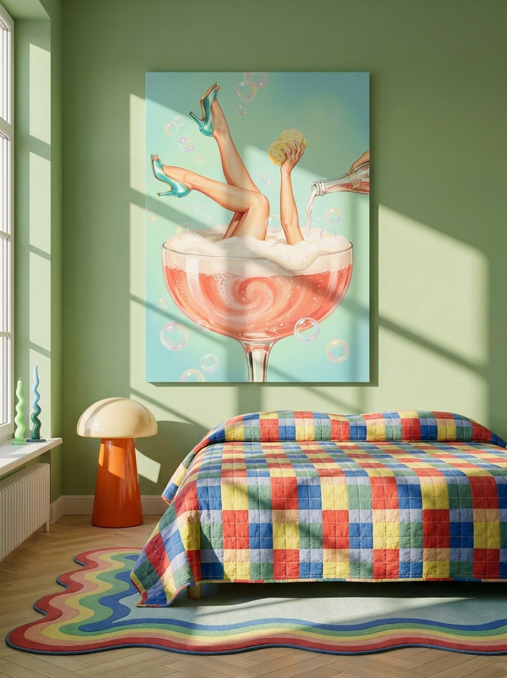 Stretched canvas wall art styled on the wall in a colourful eclectic bedroom