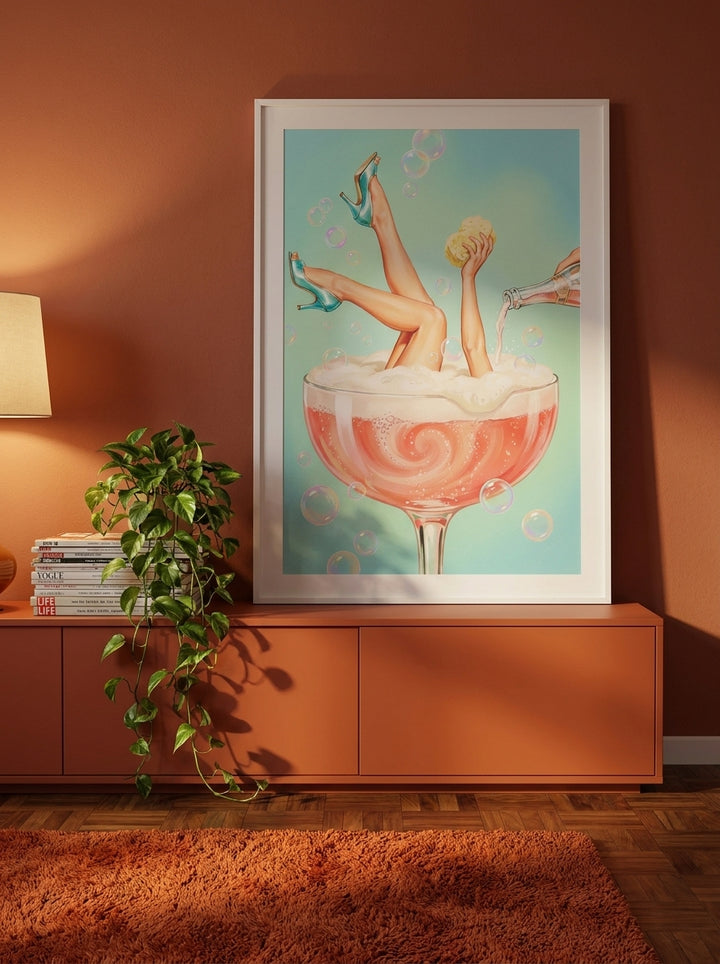 Modern wall art print standing on a sideboard in a retro 70s living room