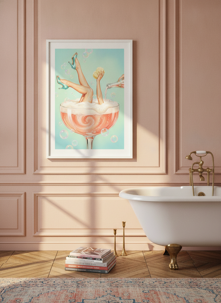 Modern wall art print styled on the wall in a Parisian bathroom