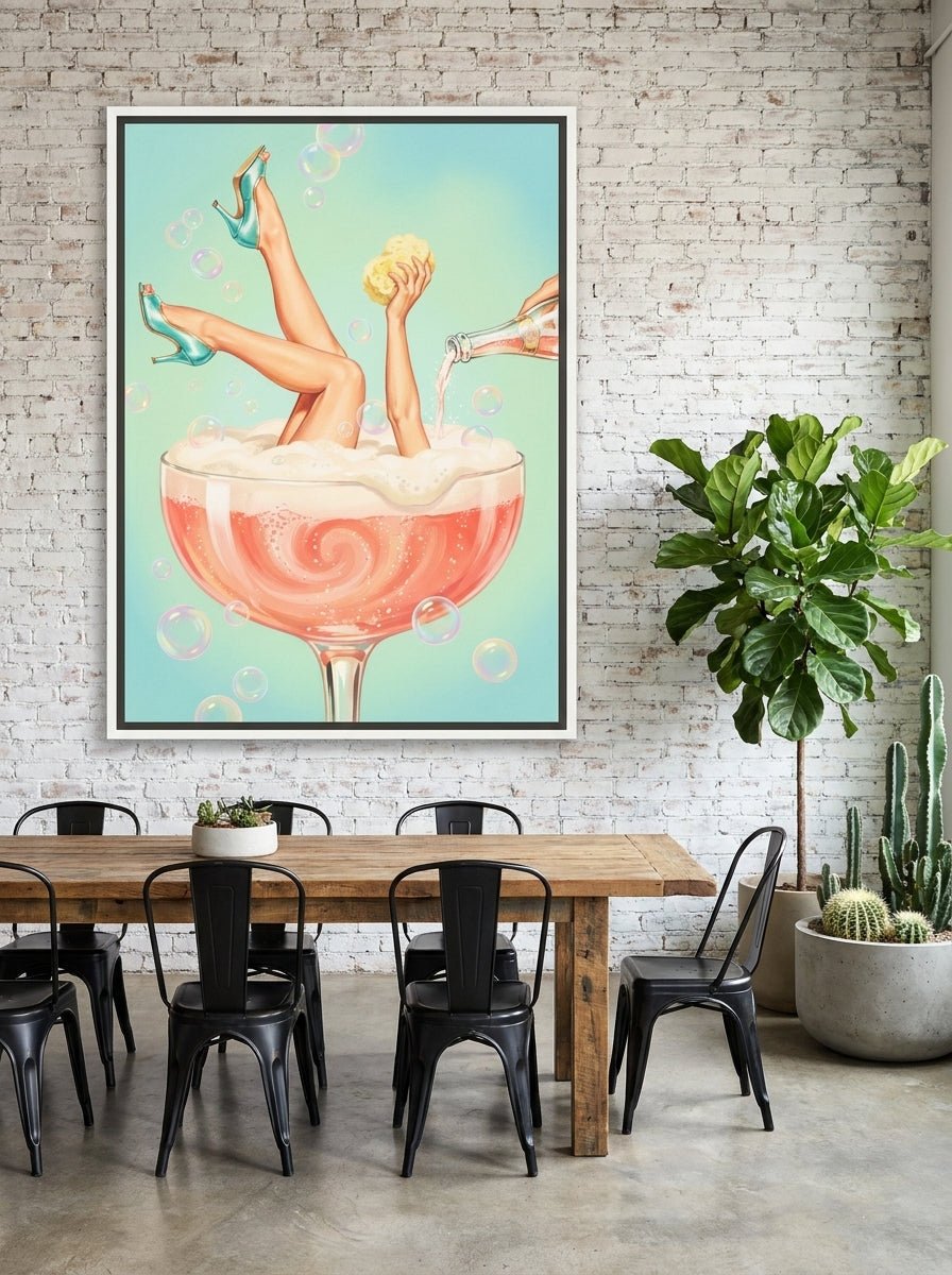 Oversized statement canvas wall art with a white surround styled on the wall in an industrial loft dining room