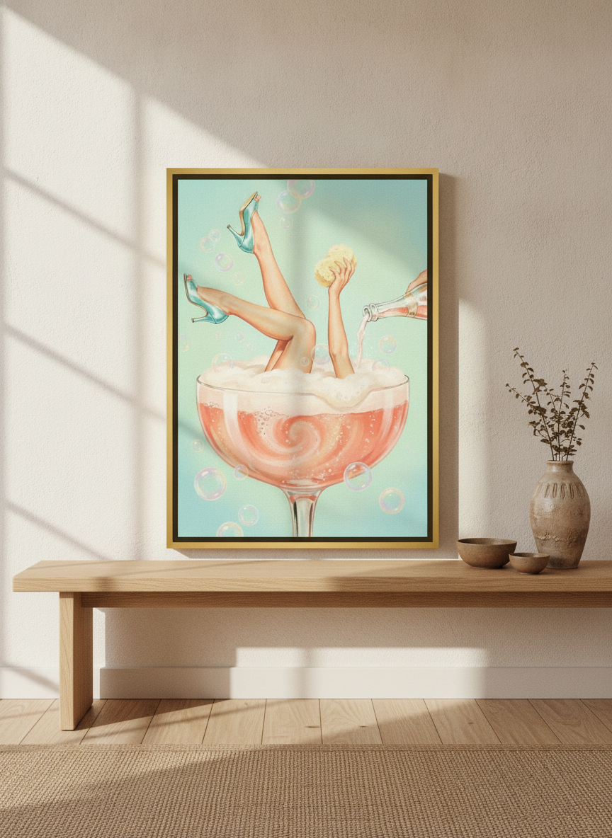 Canvas wall art with a gold leaf surround standing on a bench in a warm Japandi bathroom