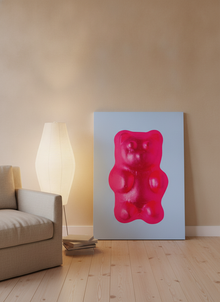 Stretched canvas wall art leaning against the wall in a warm Japandi kitchen