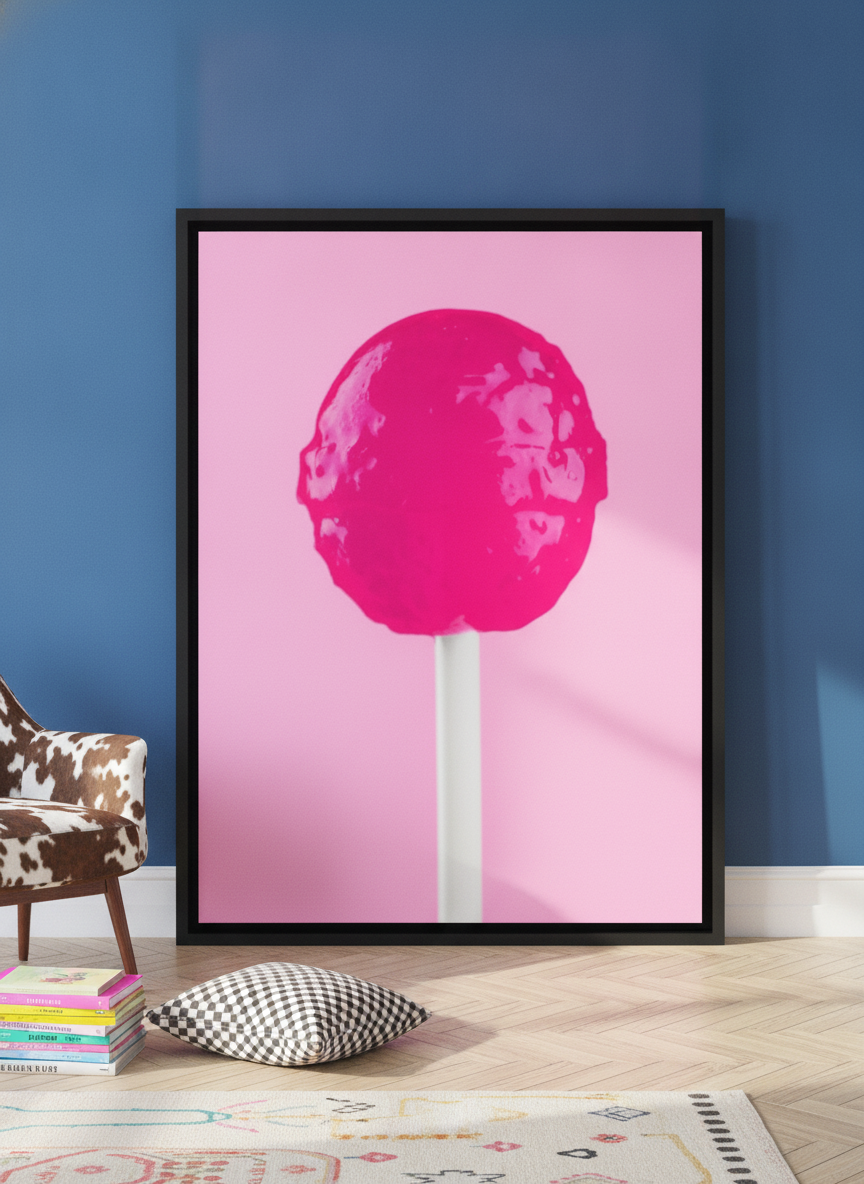 Oversized statement canvas wall art with a black surround leaning against the wall in a colourful eclectic dining room