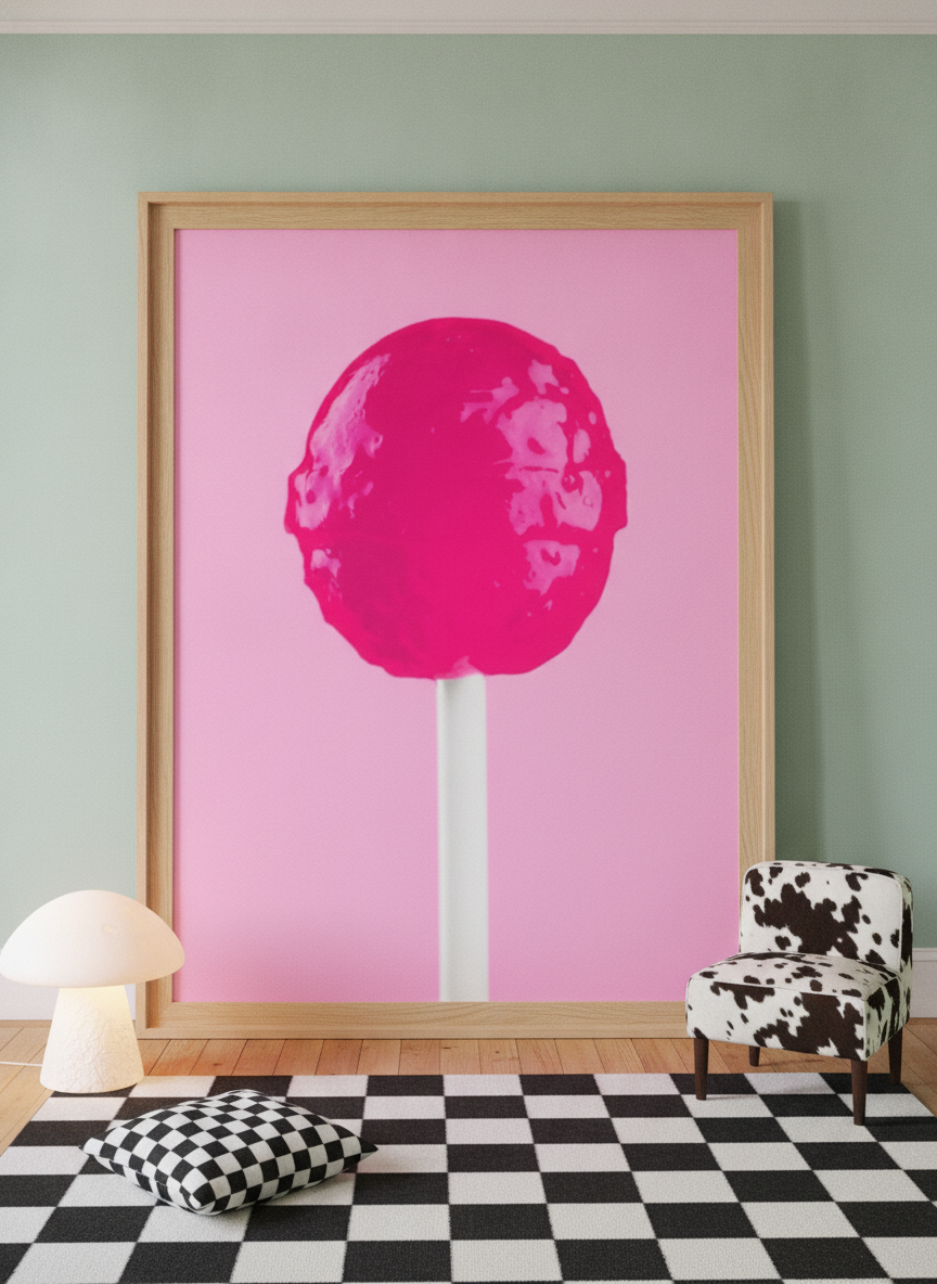 Oversized statement modern wall art print leaning against the wall in a colourful eclectic bedroom