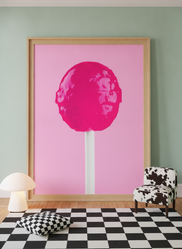 Oversized statement modern wall art print leaning against the wall in a colourful eclectic bedroom