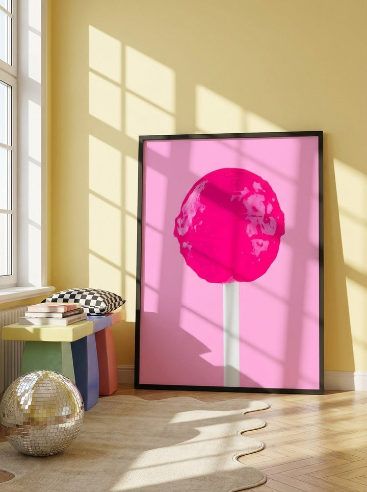 Oversized statement modern wall art print leaning against the wall in a colourful eclectic dining room