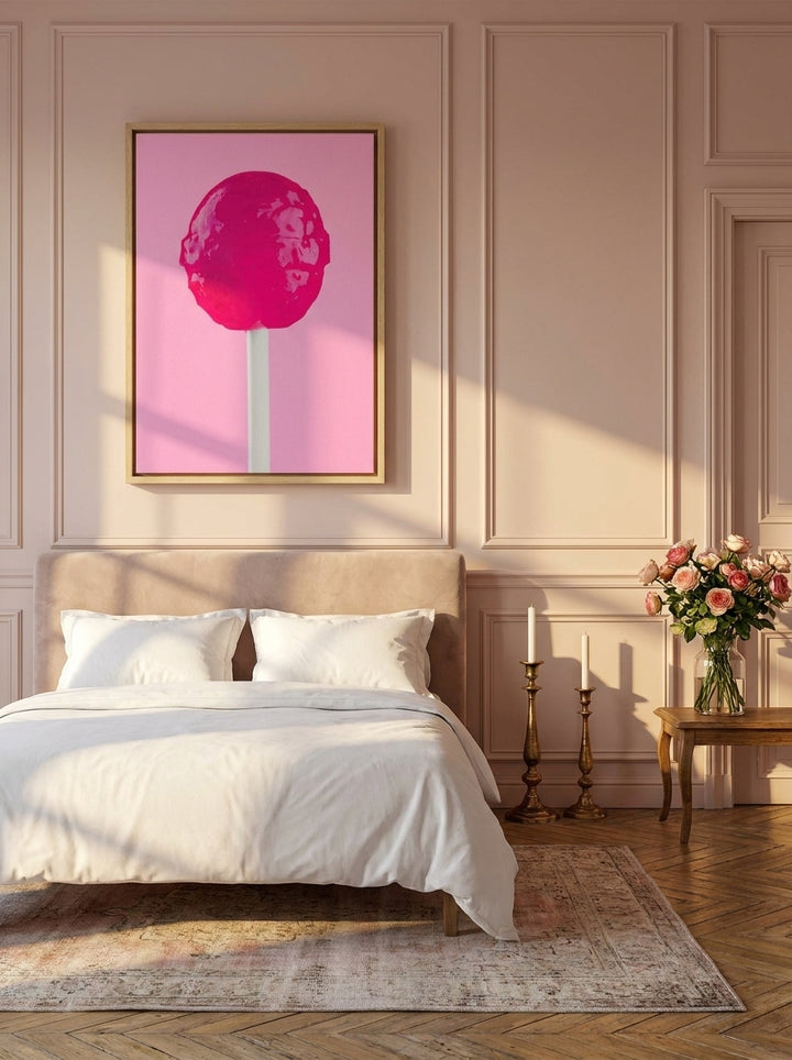 Canvas wall art with a natural timber surround styled on the wall in a Parisian bedroom