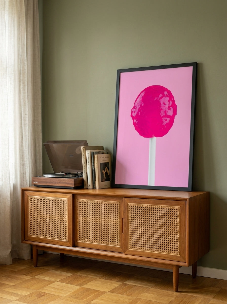 Modern wall art print standing on a sideboard in a mid-century living room