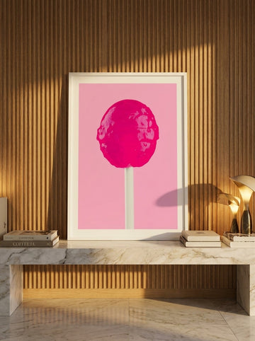 Modern wall art print standing on a kitchen bench in a luxe kitchen