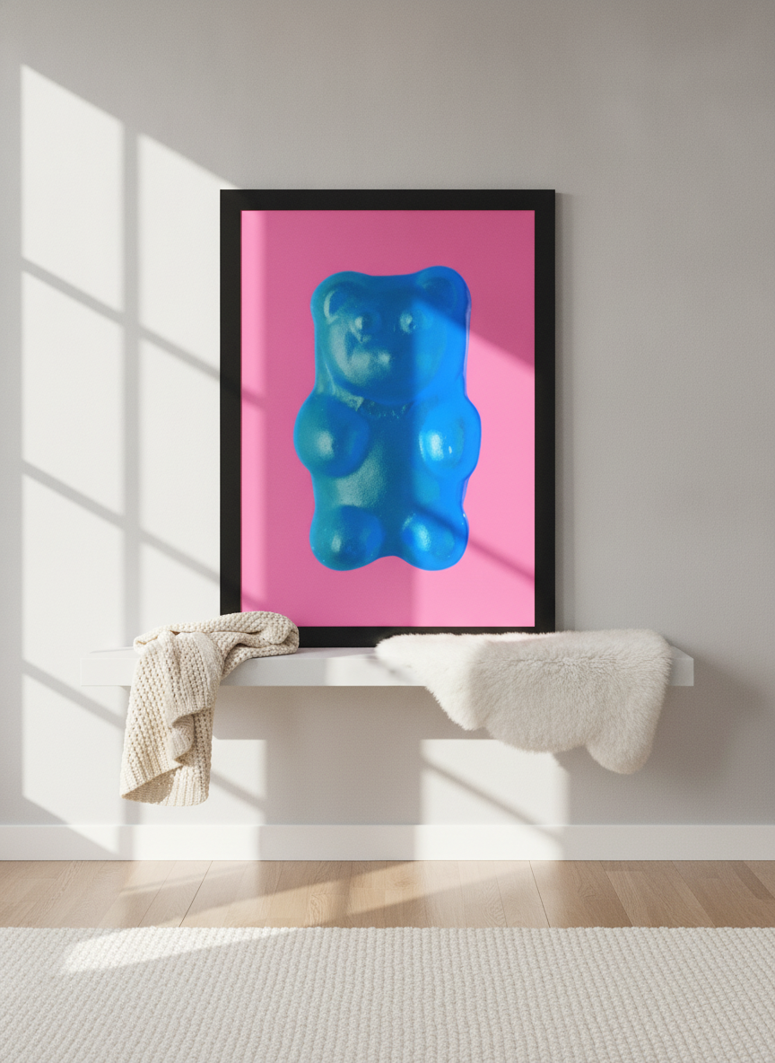 Modern wall art print standing on a shelf in a bright Scandinavian nursery