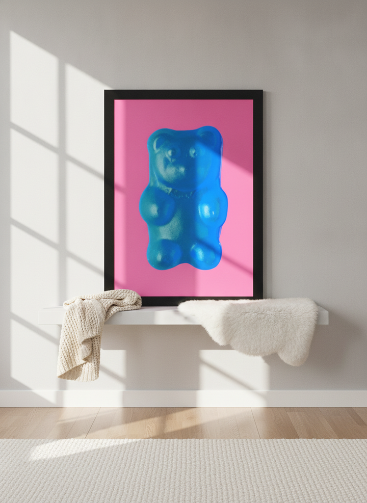 Modern wall art print standing on a shelf in a bright Scandinavian nursery