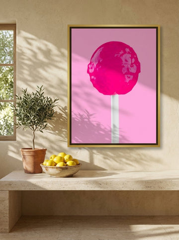 Canvas wall art with a gold leaf surround styled on the wall in a Mediterranean kitchen